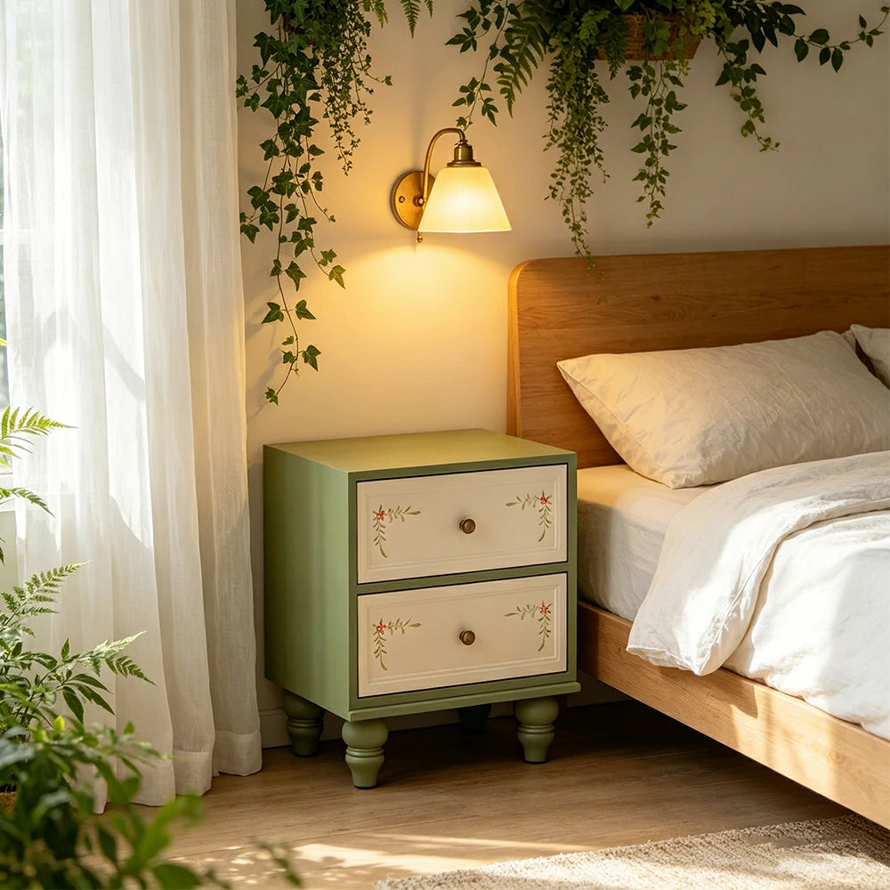 LIVARA Vintage Solid Wood Bedside Table Hand-Painted Nightstand for Bedroom Sofa Side - Green