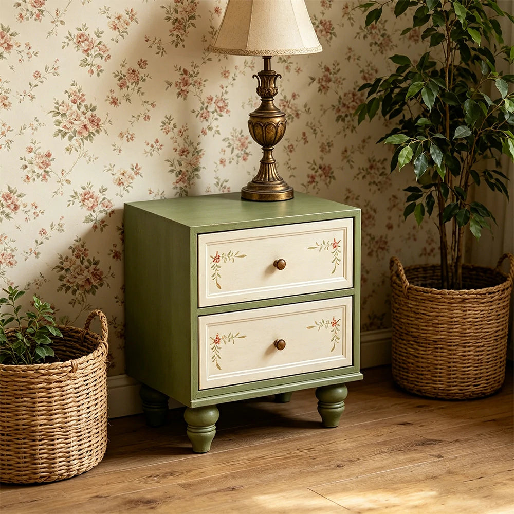 LIVARA Vintage Solid Wood Bedside Table Hand-Painted Nightstand for Bedroom Sofa Side - Green