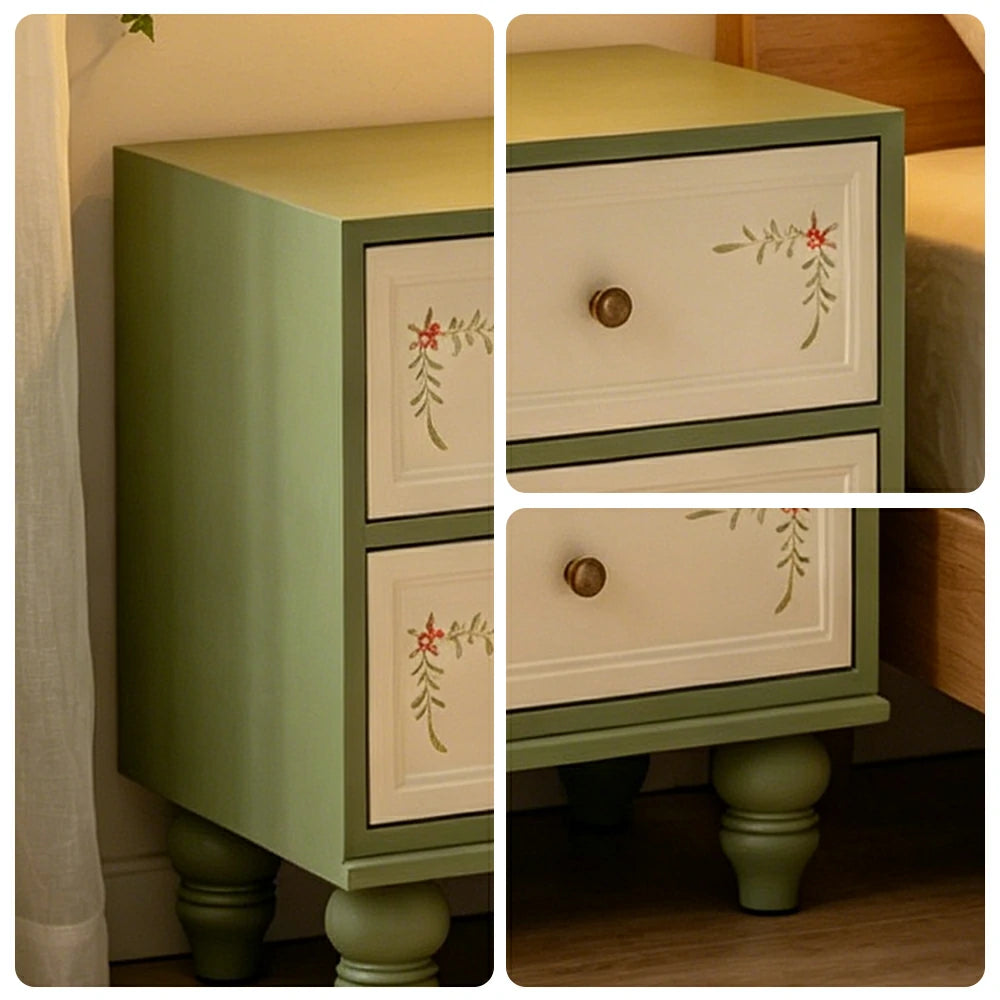 LIVARA Vintage Solid Wood Bedside Table Hand-Painted Nightstand for Bedroom Sofa Side - Green