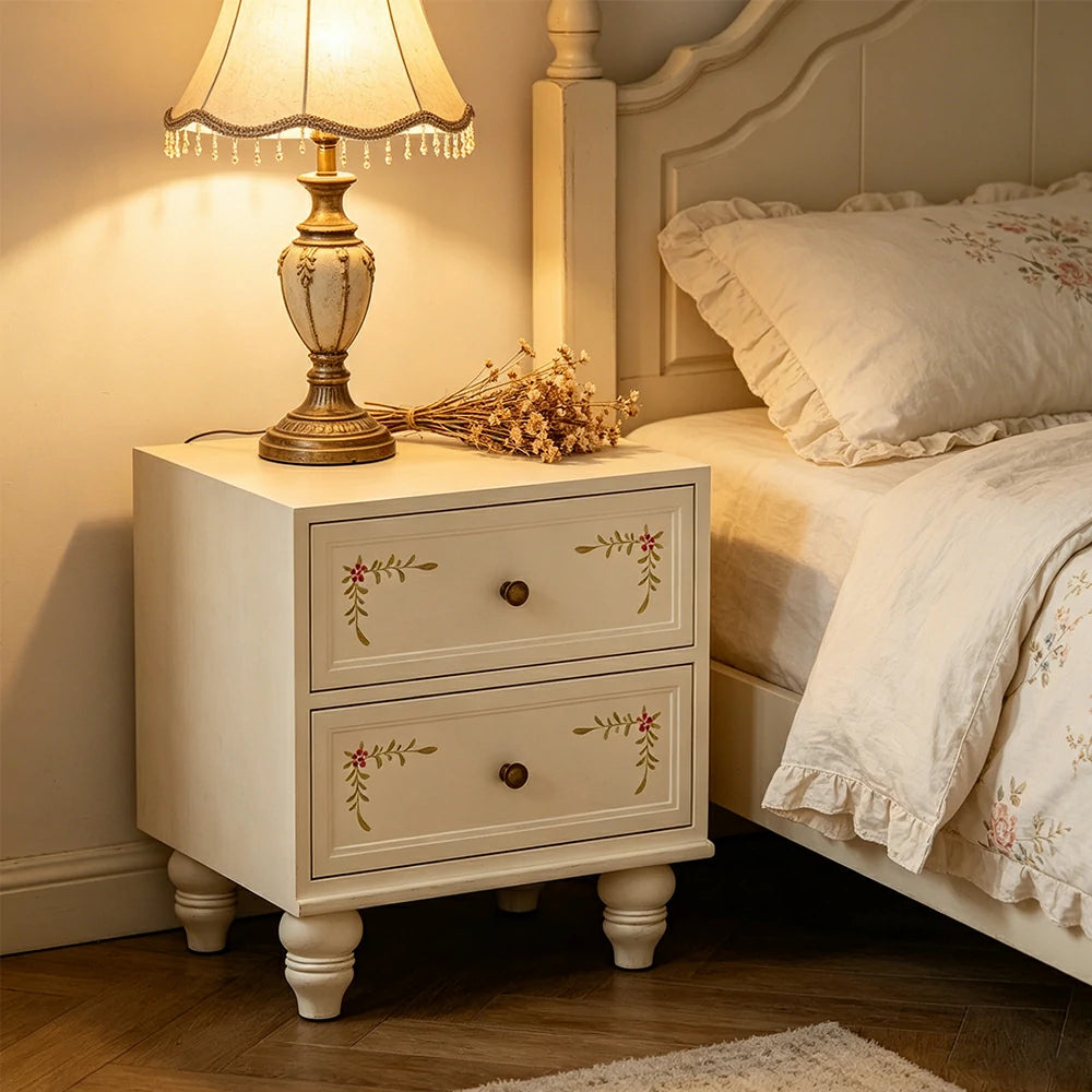 LIVARA Vintage Solid Wood Bedside Table Hand-Painted Nightstand for Bedroom Sofa Side - Beige