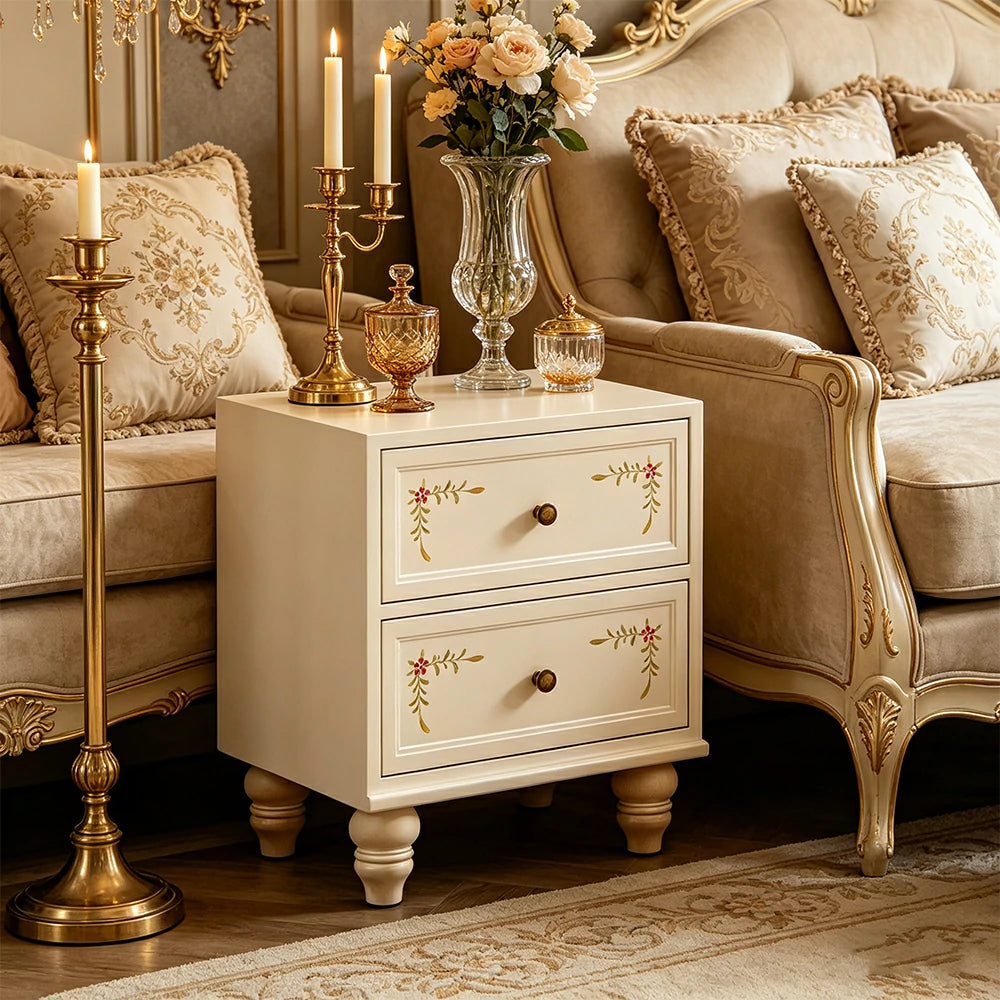 LIVARA Vintage Solid Wood Bedside Table Hand-Painted Nightstand for Bedroom Sofa Side - Beige