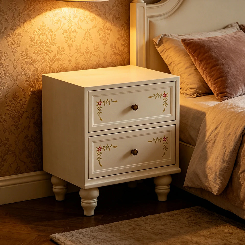 LIVARA Vintage Solid Wood Bedside Table Hand-Painted Nightstand for Bedroom Sofa Side - Beige