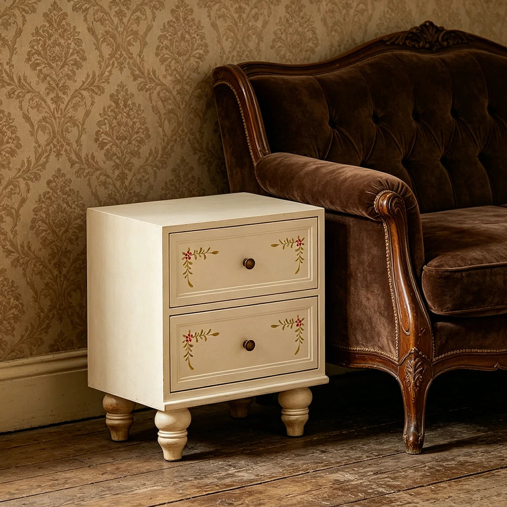 LIVARA Vintage Solid Wood Bedside Table Hand-Painted Nightstand for Bedroom Sofa Side - Beige