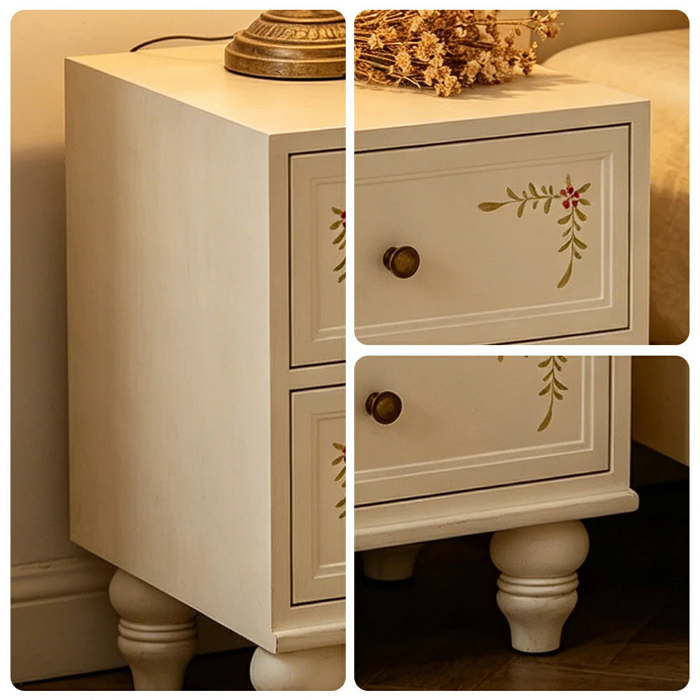 LIVARA Vintage Solid Wood Bedside Table Hand-Painted Nightstand for Bedroom Sofa Side - Beige
