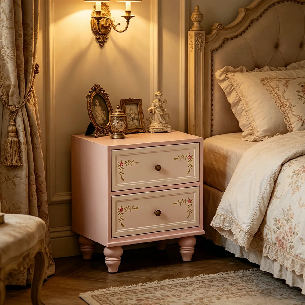 LIVARA Vintage Solid Wood Bedside Table Hand-Painted Nightstand for Bedroom Sofa Side - Pink