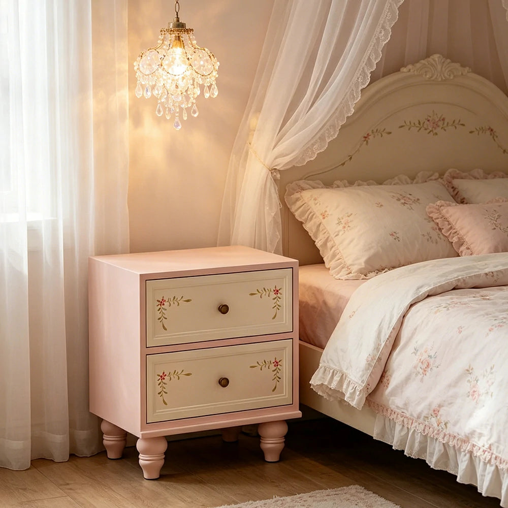 LIVARA Vintage Solid Wood Bedside Table Hand-Painted Nightstand for Bedroom Sofa Side - Pink