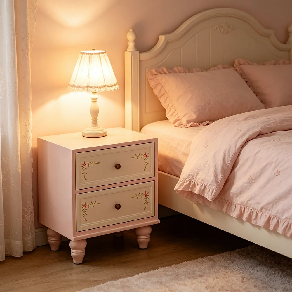 LIVARA Vintage Solid Wood Bedside Table Hand-Painted Nightstand for Bedroom Sofa Side - Pink