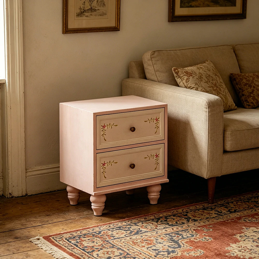 LIVARA Vintage Solid Wood Bedside Table Hand-Painted Nightstand for Bedroom Sofa Side - Pink