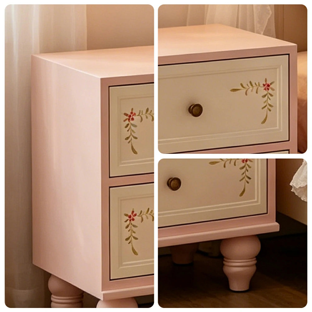 LIVARA Vintage Solid Wood Bedside Table Hand-Painted Nightstand for Bedroom Sofa Side - Pink