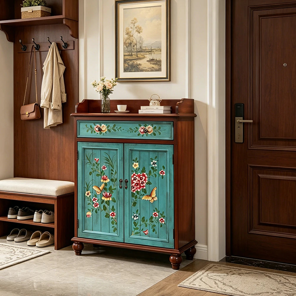 LIVARA Vintage Solid Wood Sideboard Cabinet Hand-Painted Storage Organizer for Entryway Dining Room - Walnut&Blue