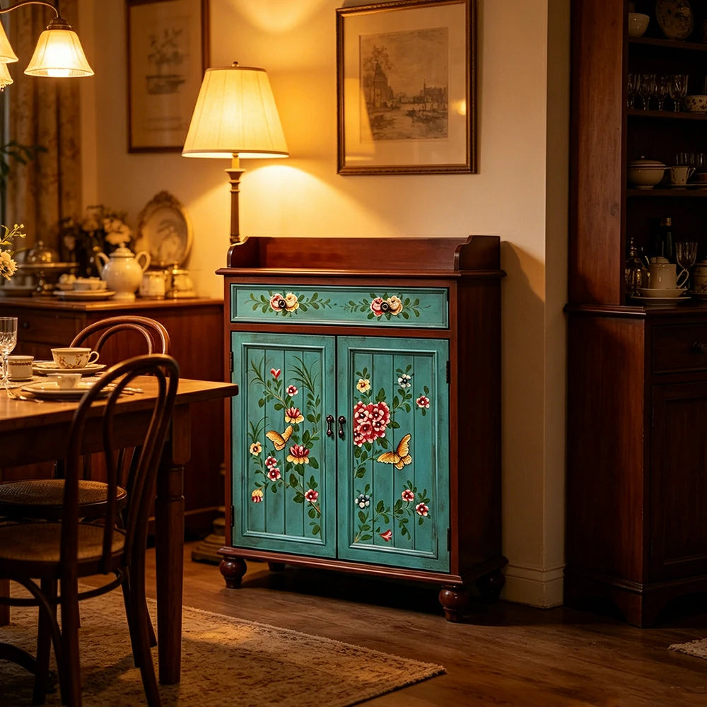 LIVARA Vintage Solid Wood Sideboard Cabinet Hand-Painted Storage Organizer for Entryway Dining Room - Walnut&Blue