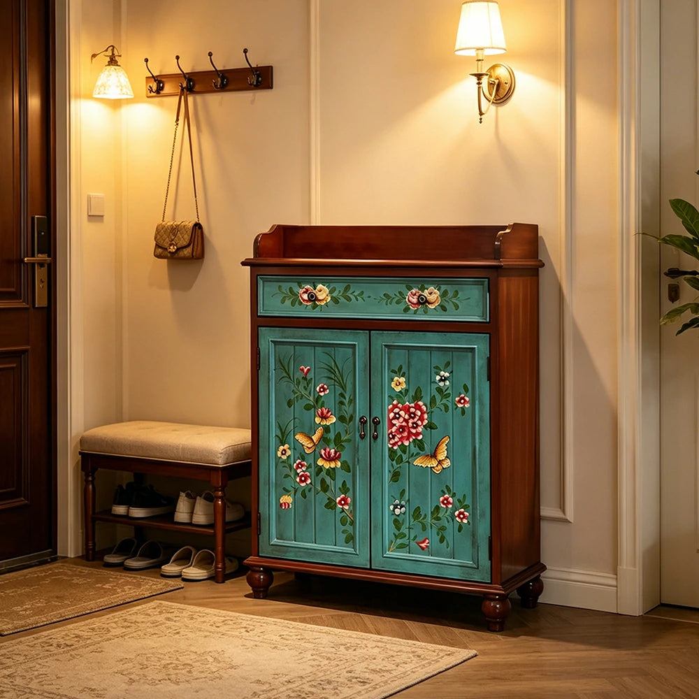 LIVARA Vintage Solid Wood Sideboard Cabinet Hand-Painted Storage Organizer for Entryway Dining Room - Walnut&Blue