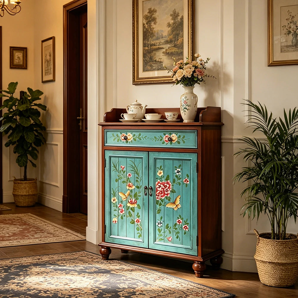 LIVARA Vintage Solid Wood Sideboard Cabinet Hand-Painted Storage Organizer for Entryway Dining Room - Walnut&Blue