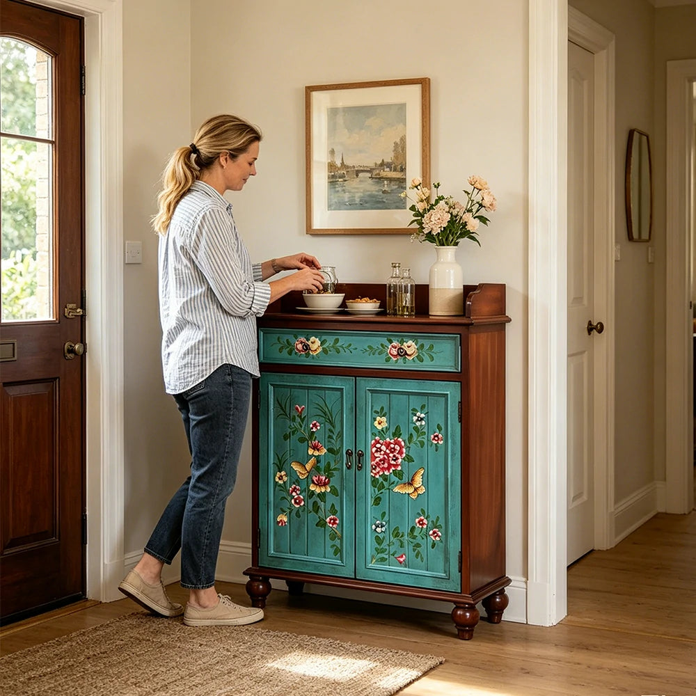 LIVARA Vintage Solid Wood Sideboard Cabinet Hand-Painted Storage Organizer for Entryway Dining Room - Walnut&Blue