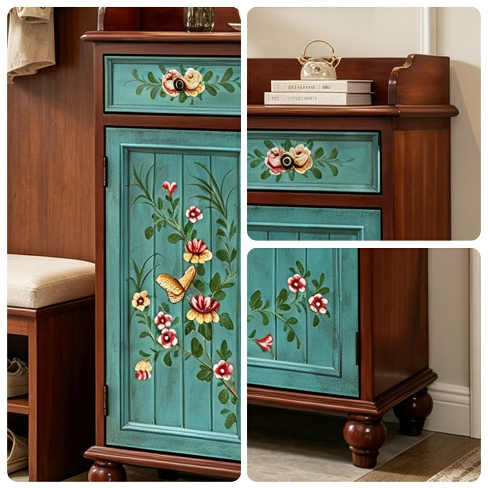 LIVARA Vintage Solid Wood Sideboard Cabinet Hand-Painted Storage Organizer for Entryway Dining Room - Walnut&Blue