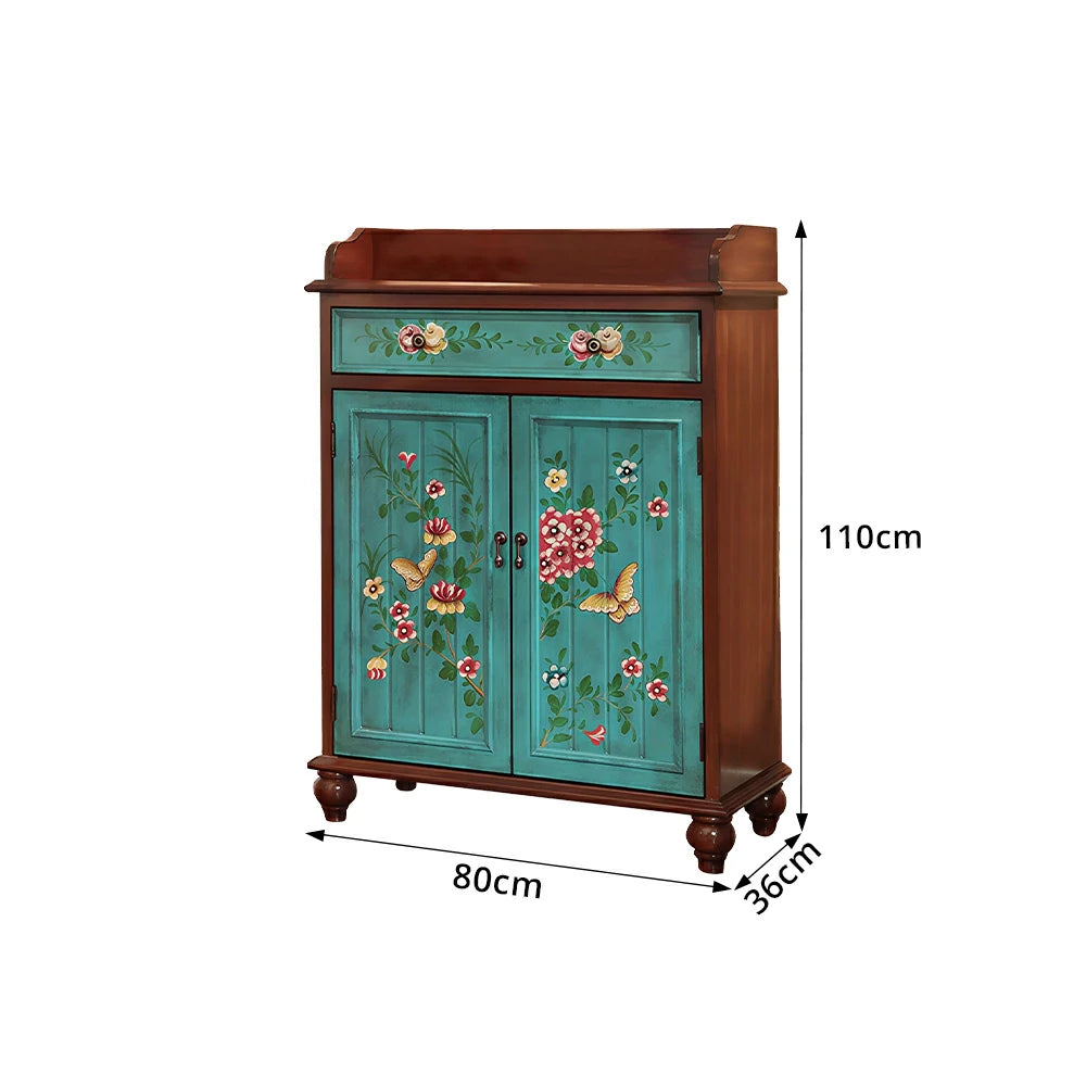 LIVARA Vintage Solid Wood Sideboard Cabinet Hand-Painted Storage Organizer for Entryway Dining Room - Walnut&Blue