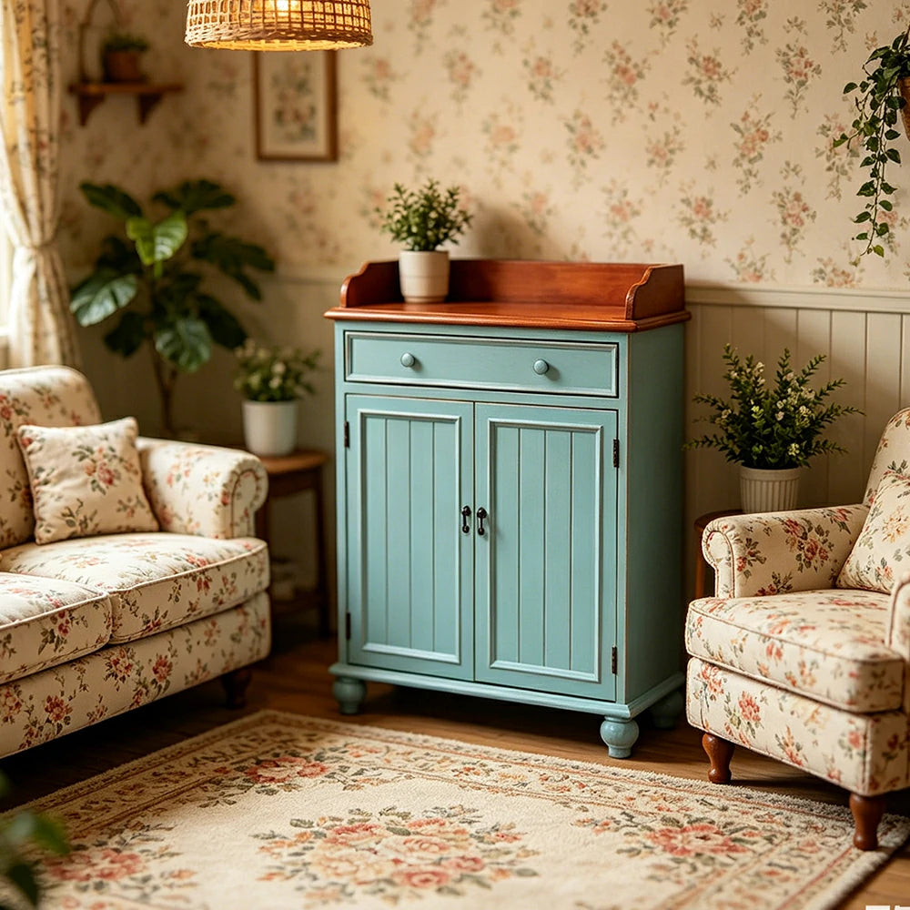 LIVARA Vintage Solid Wood Sideboard Cabinet Hand-Painted Storage Organizer for Entryway Dining Room - Blue