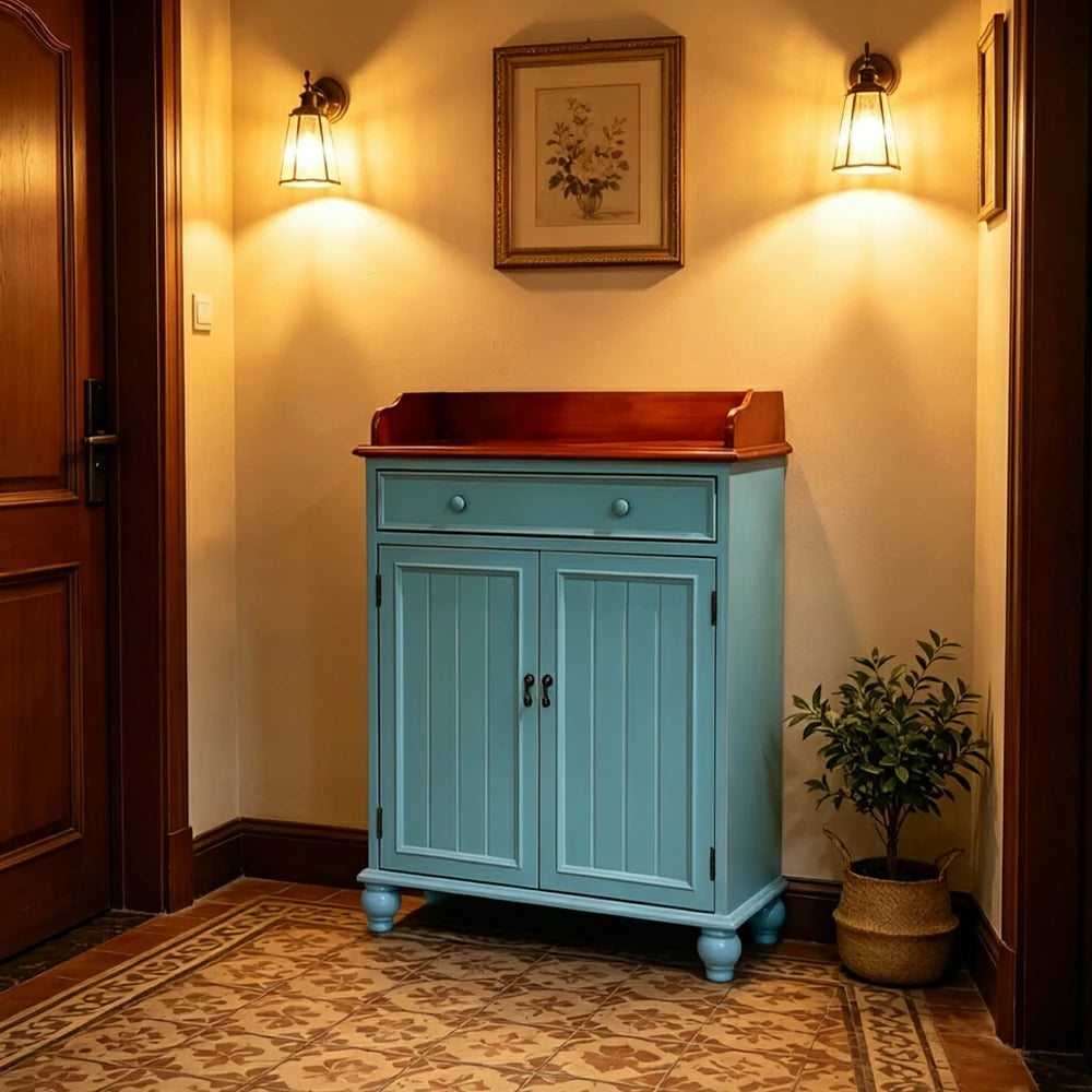 LIVARA Vintage Solid Wood Sideboard Cabinet Hand-Painted Storage Organizer for Entryway Dining Room - Blue