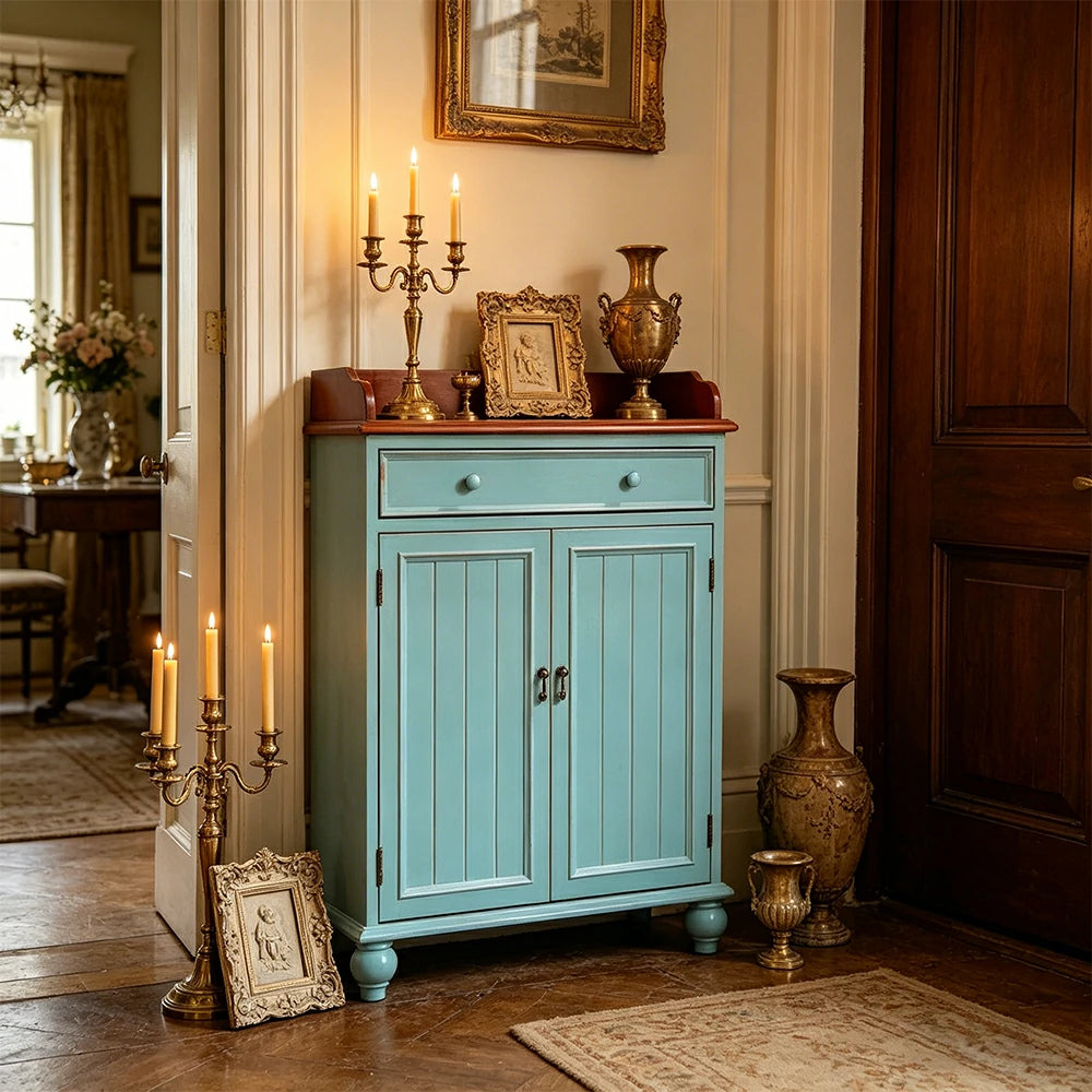 LIVARA Vintage Solid Wood Sideboard Cabinet Hand-Painted Storage Organizer for Entryway Dining Room - Blue