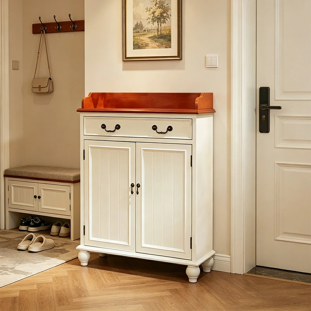 LIVARA Vintage Solid Wood Sideboard Cabinet Hand-Painted Storage Organizer for Entryway Dining Room - White