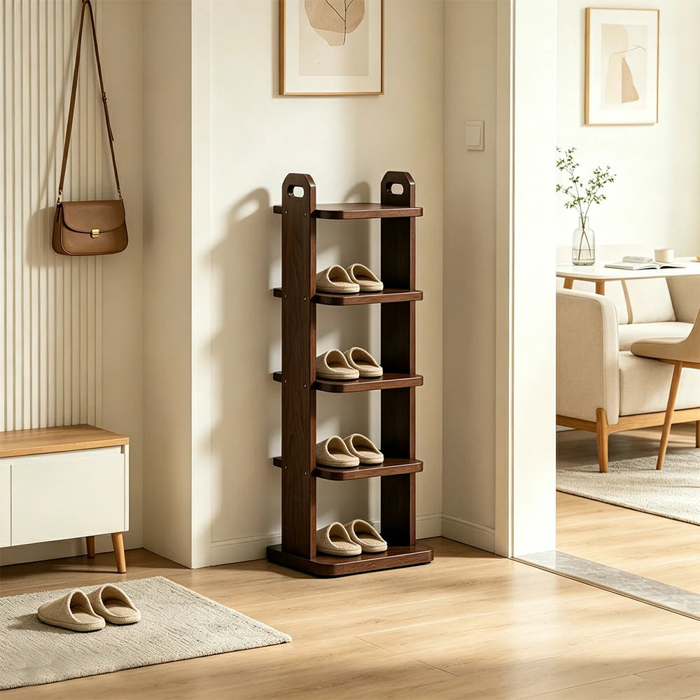 LIVARA 5 Tier Solid Wood Shoe Rack Space Saving Narrow Storage Shelf for Entryway Small Spaces - Walnut