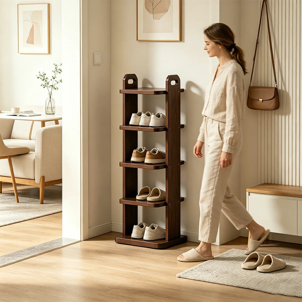 LIVARA 5 Tier Solid Wood Shoe Rack Space Saving Narrow Storage Shelf for Entryway Small Spaces - Walnut