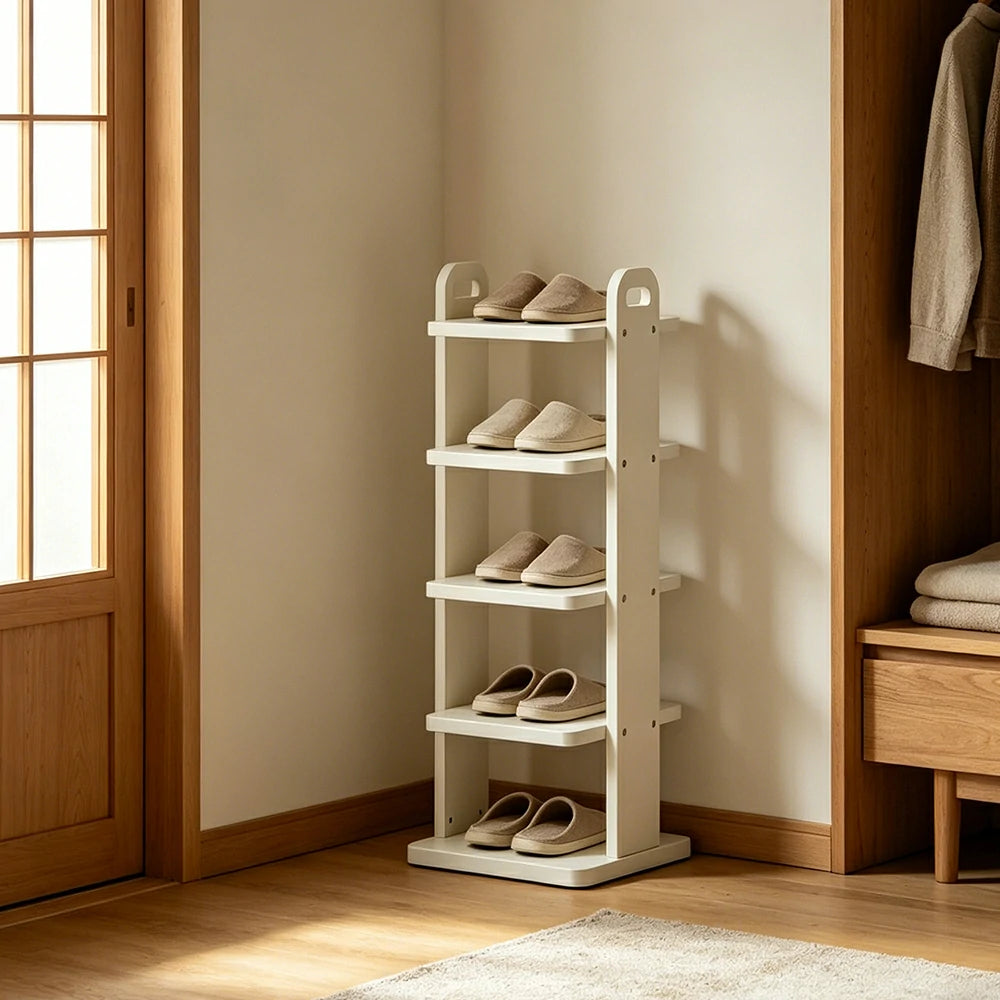 LIVARA 5 Tier Solid Wood Shoe Rack Space Saving Narrow Storage Shelf for Entryway Small Spaces - White