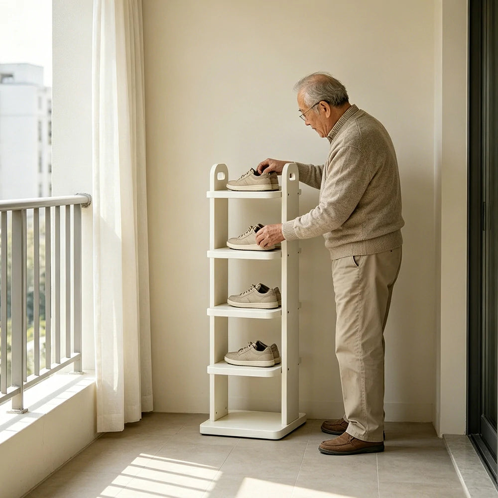 LIVARA 5 Tier Solid Wood Shoe Rack Space Saving Narrow Storage Shelf for Entryway Small Spaces - White