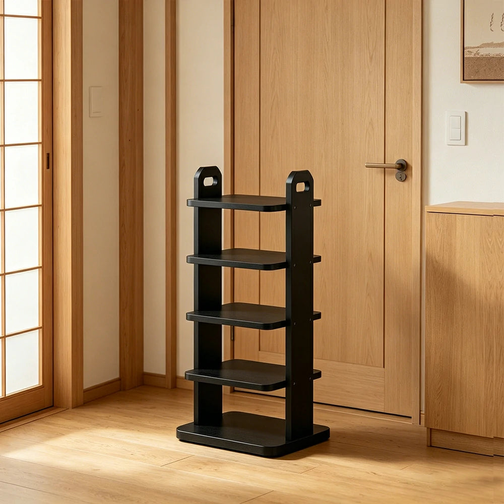 LIVARA 5 Tier Solid Wood Shoe Rack Space Saving Narrow Storage Shelf for Entryway Small Spaces - Black