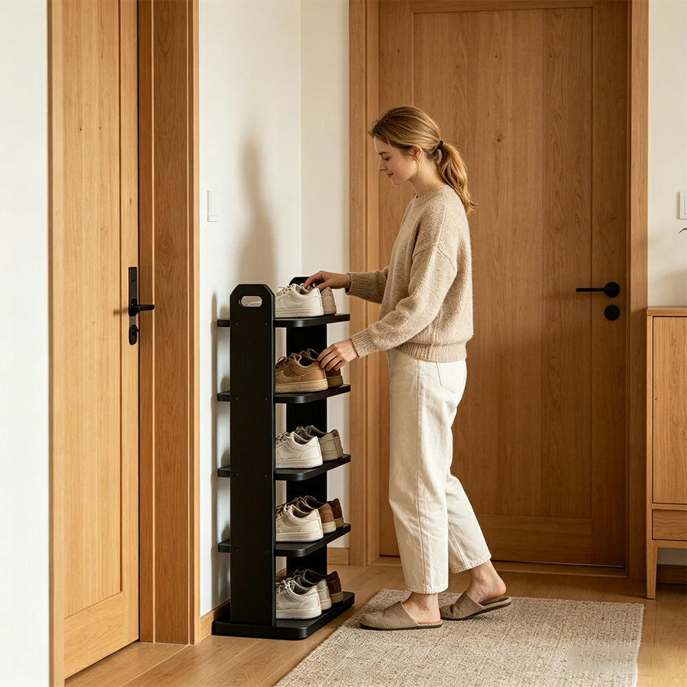 LIVARA 5 Tier Solid Wood Shoe Rack Space Saving Narrow Storage Shelf for Entryway Small Spaces - Black