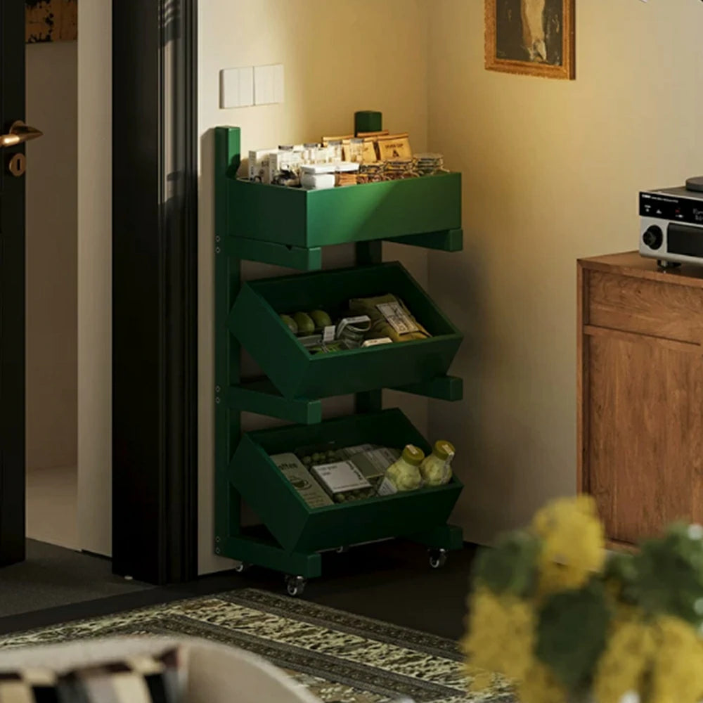 LIVARA 3 Tier Solid Wood Snack Storage Rack Rolling Organizer for Kitchen Dining Room - Green