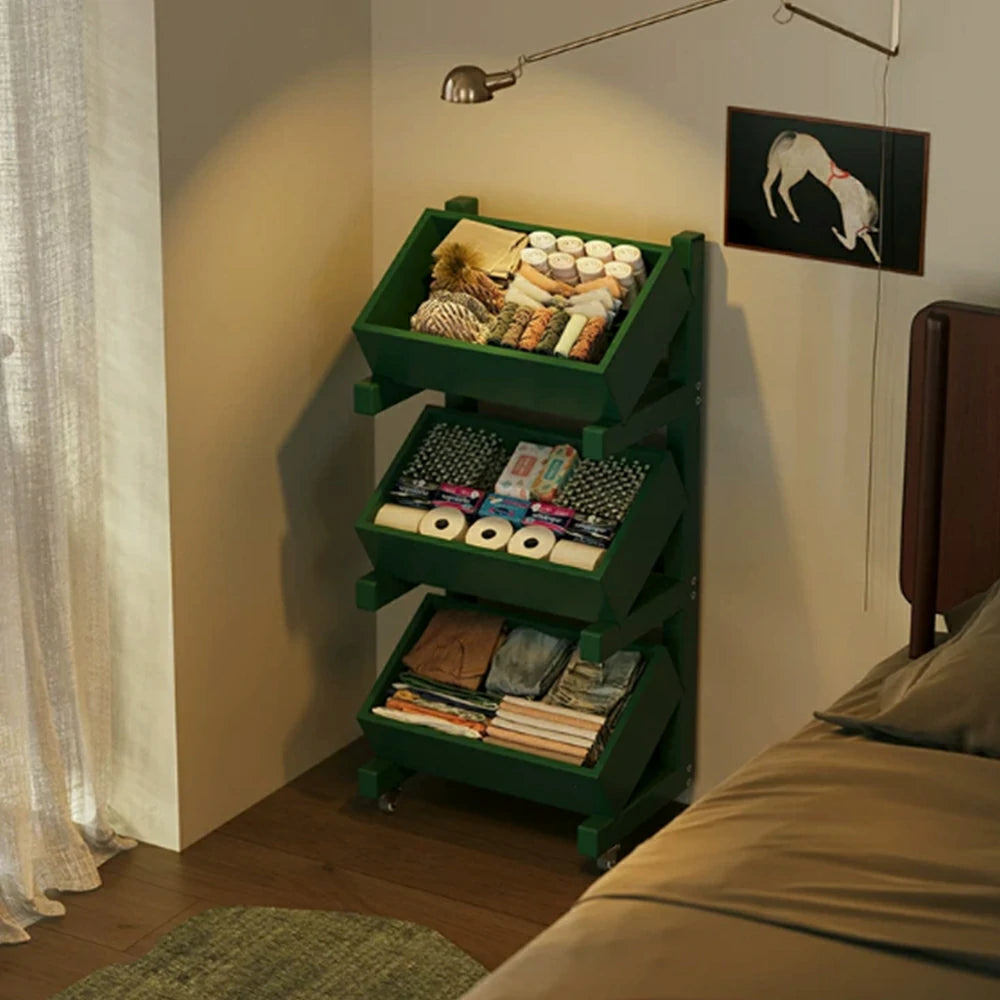 LIVARA 3 Tier Solid Wood Snack Storage Rack Rolling Organizer for Kitchen Dining Room - Green