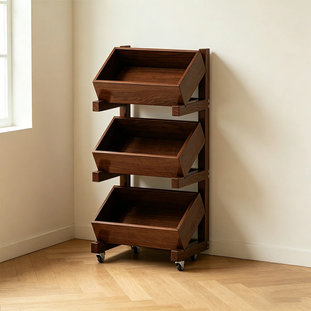 LIVARA 3 Tier Solid Wood Snack Storage Rack Rolling Organizer for Kitchen Dining Room - Walnut