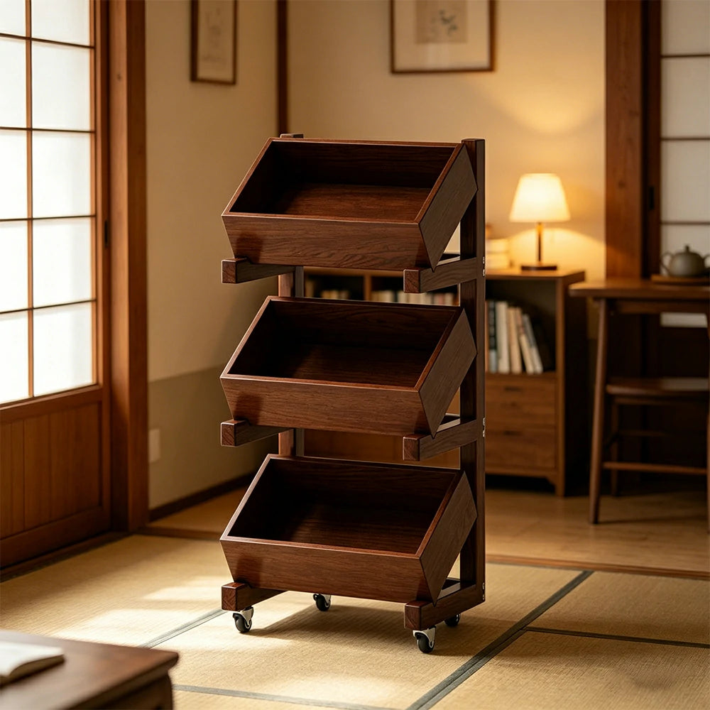 LIVARA 3 Tier Solid Wood Snack Storage Rack Rolling Organizer for Kitchen Dining Room - Walnut