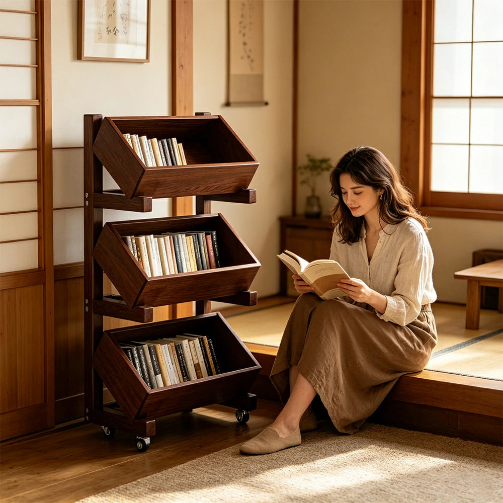 LIVARA 3 Tier Solid Wood Snack Storage Rack Rolling Organizer for Kitchen Dining Room - Walnut