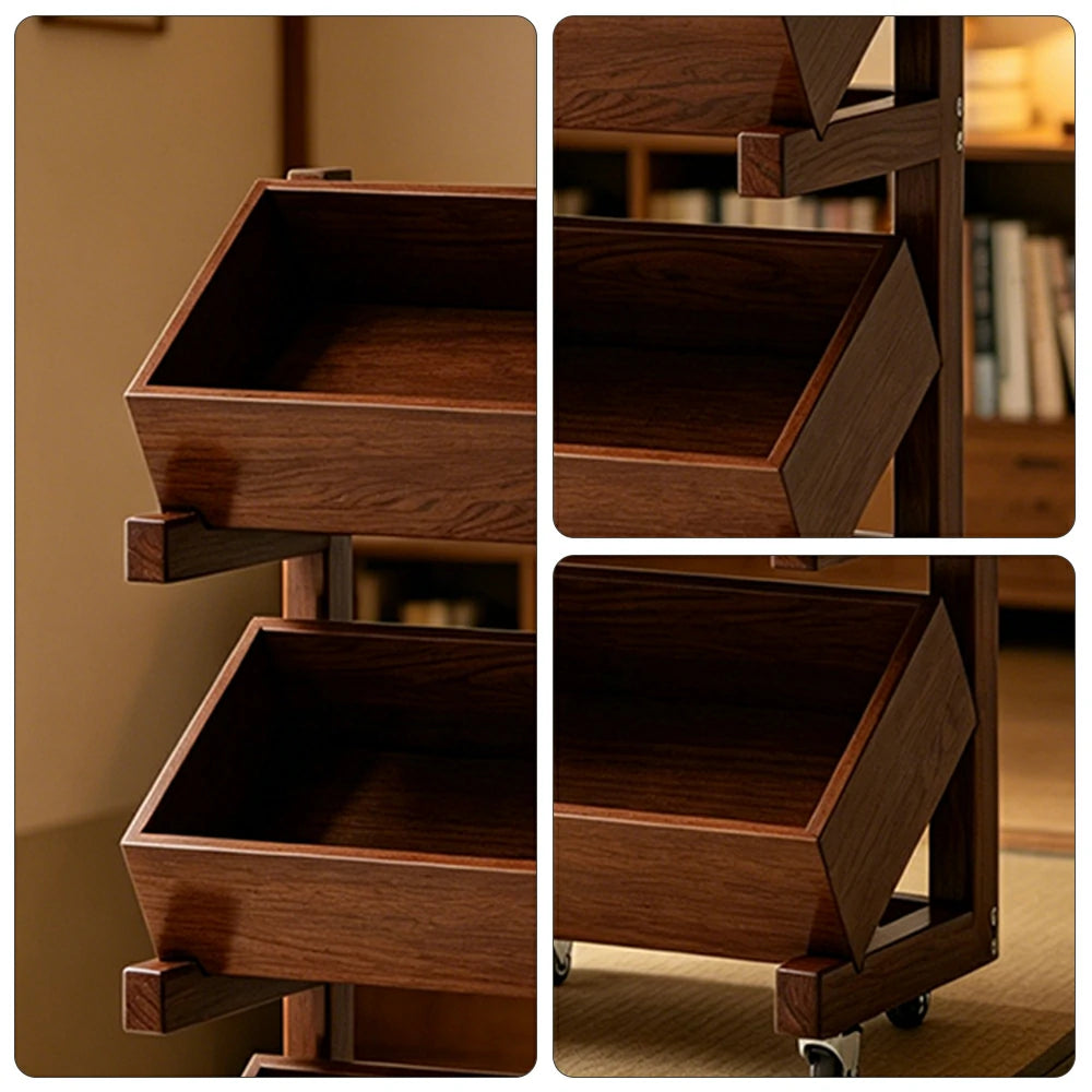 LIVARA 3 Tier Solid Wood Snack Storage Rack Rolling Organizer for Kitchen Dining Room - Walnut