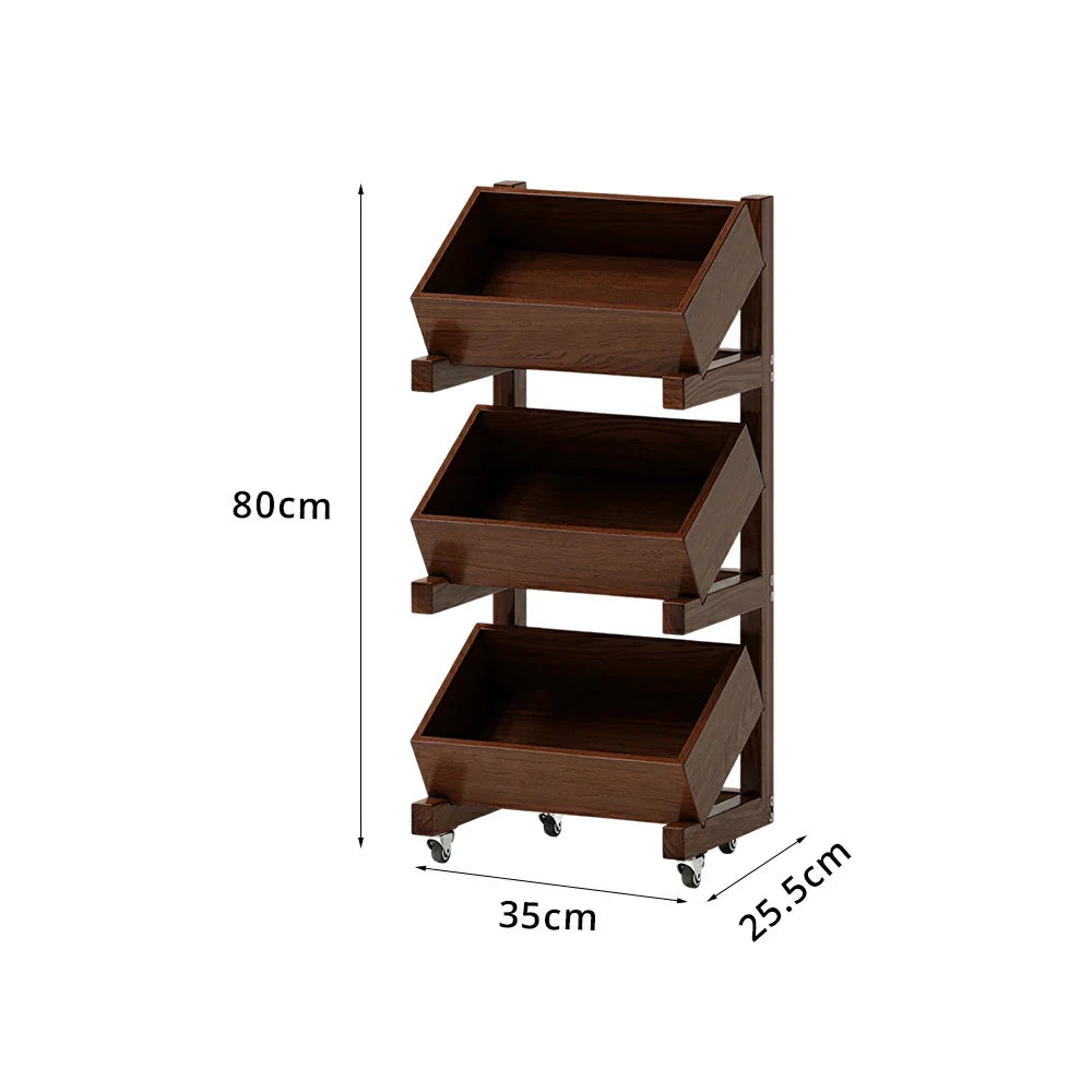 LIVARA 3 Tier Solid Wood Snack Storage Rack Rolling Organizer for Kitchen Dining Room - Walnut