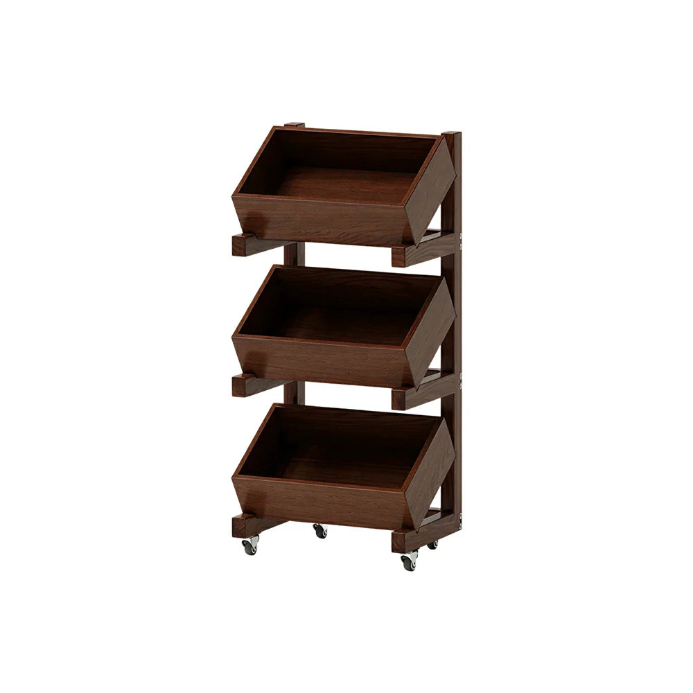 LIVARA 3 Tier Solid Wood Snack Storage Rack Rolling Organizer for Kitchen Dining Room - Walnut