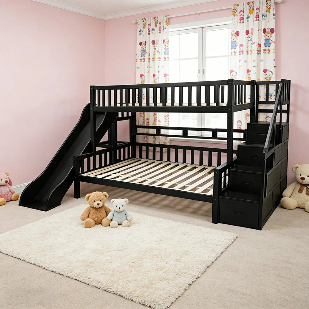 LIVARA ACSF01 Bunk Bed Frame with Slide Solid Pine Timber Safety Rails Big Storage - Black