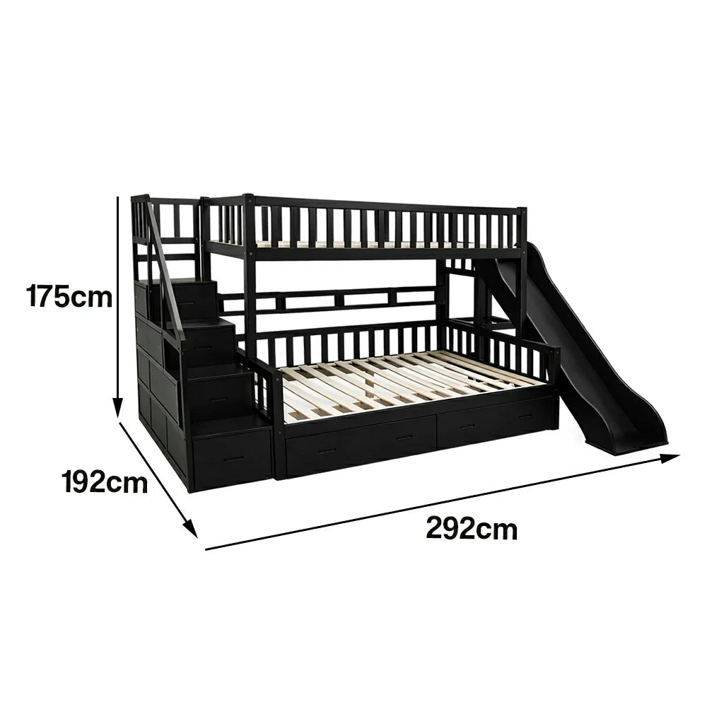 LIVARA ACSF01 Bunk Bed Frame with Slide Solid Pine Timber Safety Rails Big Storage - Black