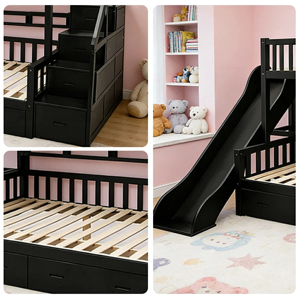LIVARA ACSF01 Bunk Bed Frame with Slide Solid Pine Timber Safety Rails Big Storage - Black