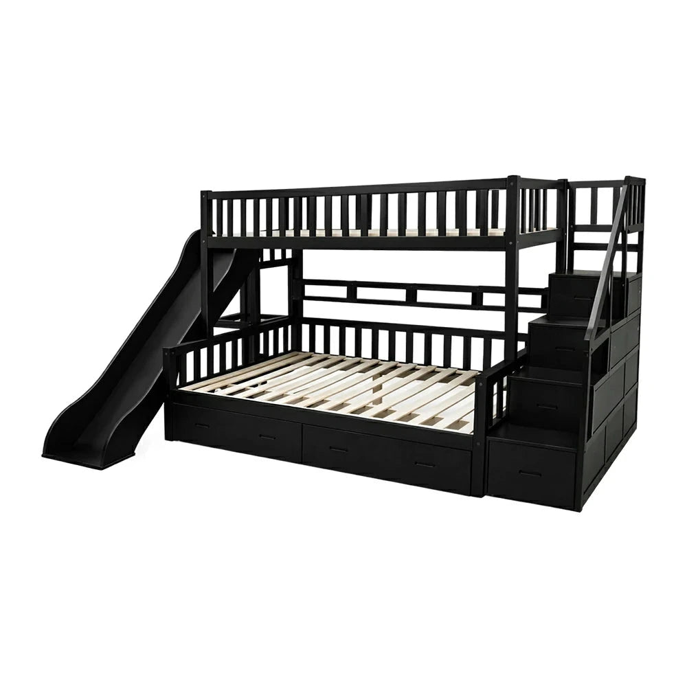 LIVARA ACSF01 Bunk Bed Frame with Slide Solid Pine Timber Safety Rails Big Storage - Black
