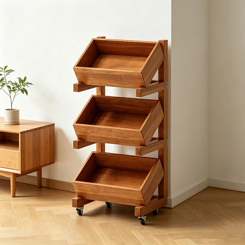 LIVARA 3 Tier Solid Wood Snack Storage Rack Rolling Organizer for Kitchen Dining Room - Cherry