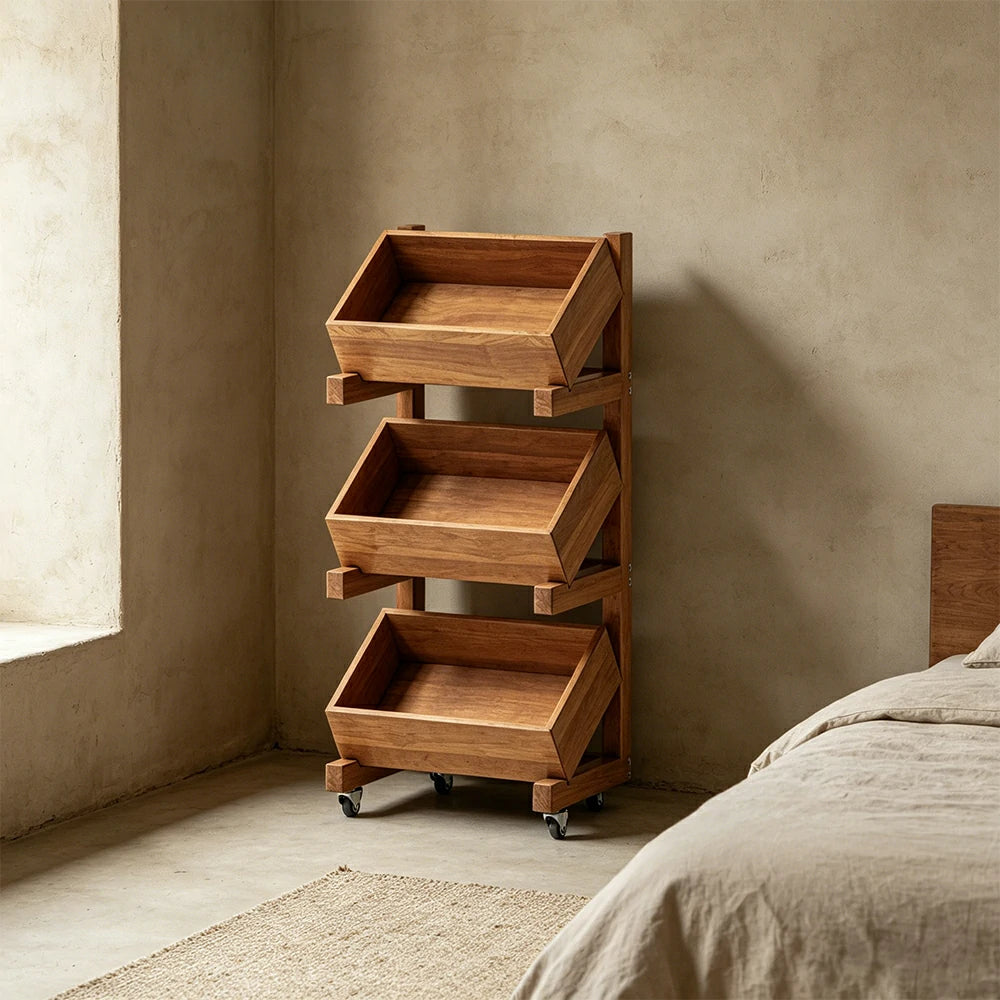 LIVARA 3 Tier Solid Wood Snack Storage Rack Rolling Organizer for Kitchen Dining Room - Cherry