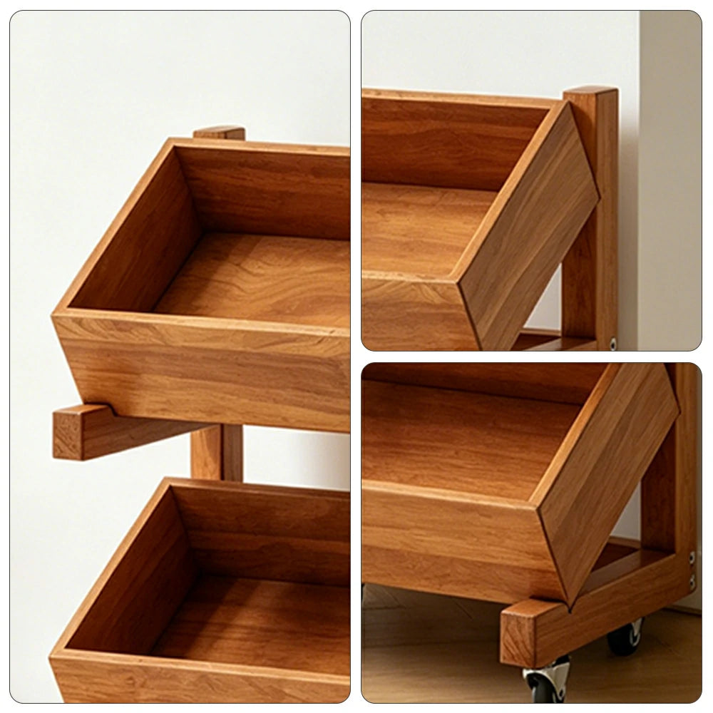 LIVARA 3 Tier Solid Wood Snack Storage Rack Rolling Organizer for Kitchen Dining Room - Cherry