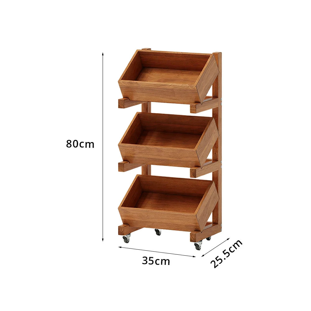 LIVARA 3 Tier Solid Wood Snack Storage Rack Rolling Organizer for Kitchen Dining Room - Cherry