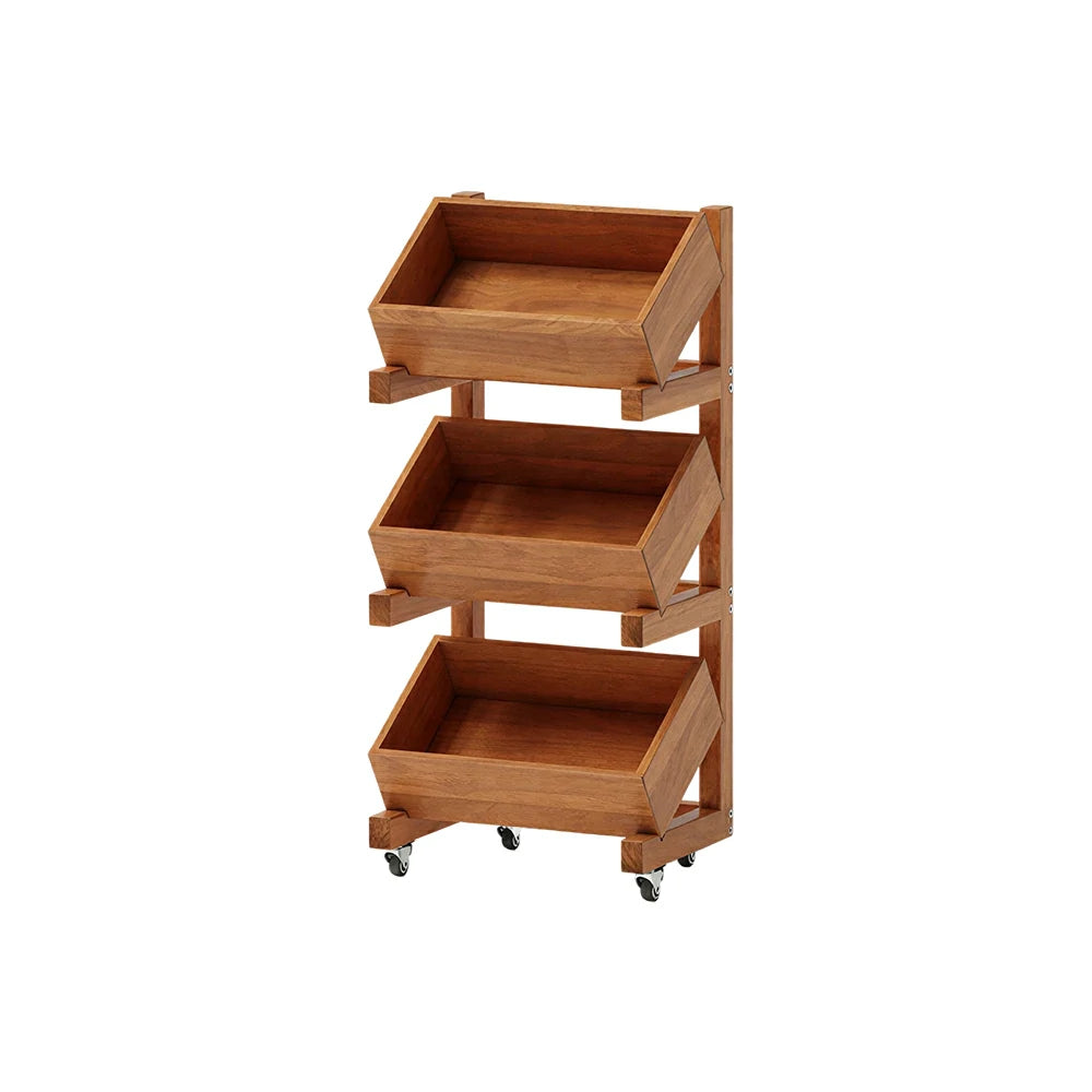 LIVARA 3 Tier Solid Wood Snack Storage Rack Rolling Organizer for Kitchen Dining Room - Cherry
