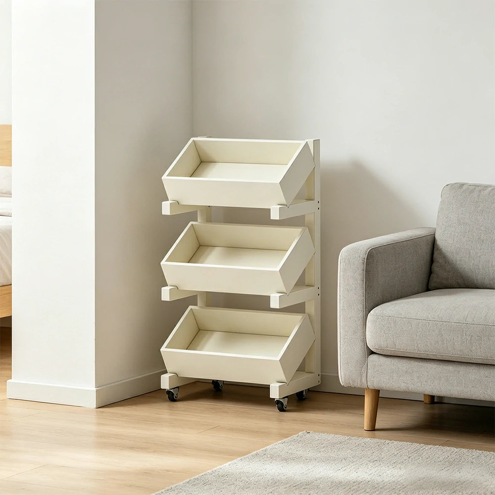LIVARA 3 Tier Solid Wood Snack Storage Rack Rolling Organizer for Kitchen Dining Room - White