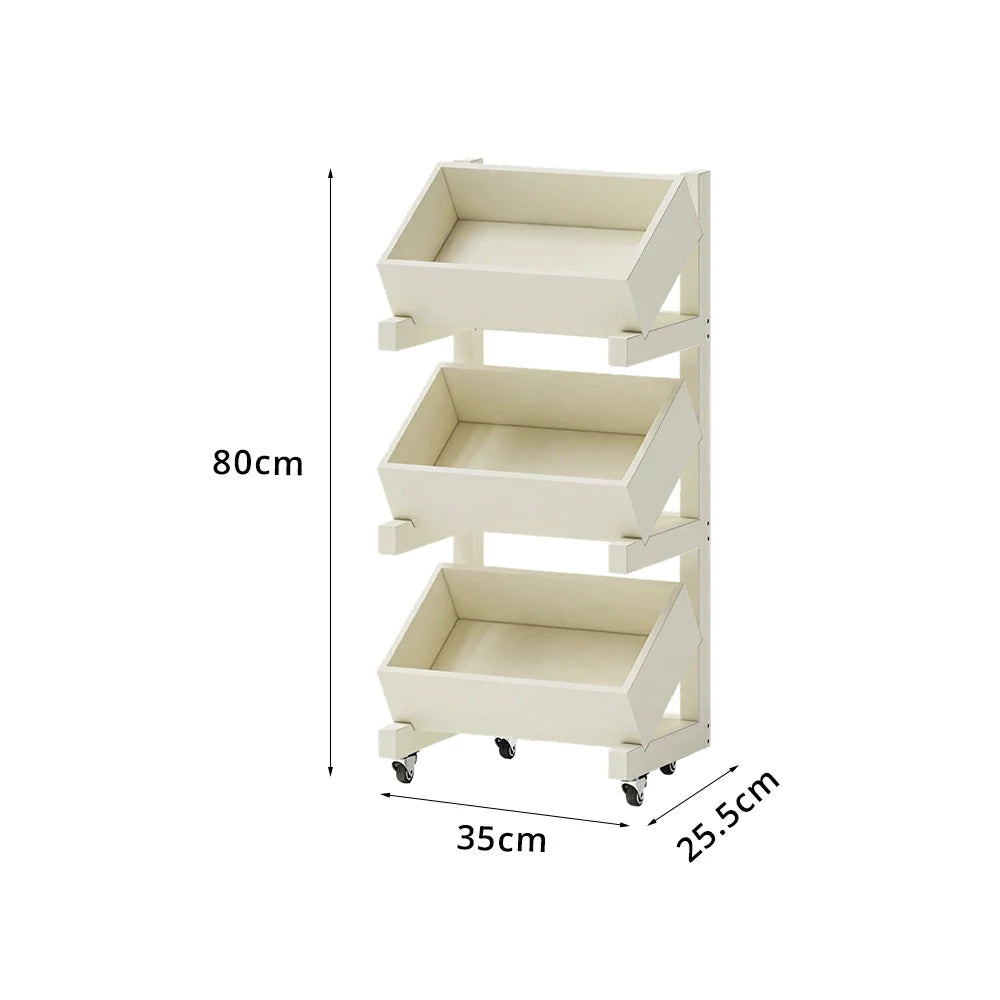 LIVARA 3 Tier Solid Wood Snack Storage Rack Rolling Organizer for Kitchen Dining Room - White