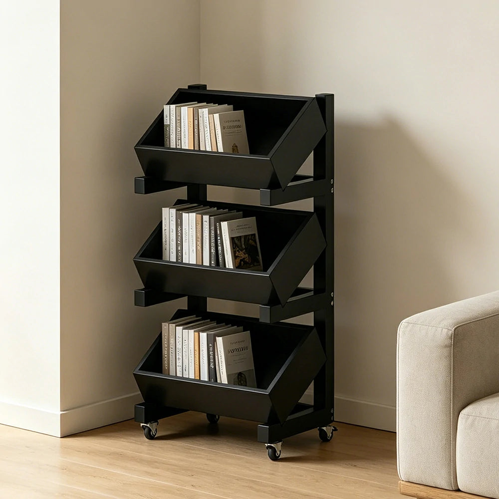 LIVARA 3 Tier Solid Wood Snack Storage Rack Rolling Organizer for Kitchen Dining Room - Black